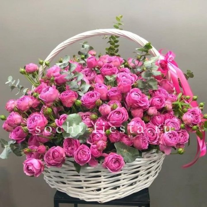 65 пионовидных кустовых роз в корзине в Краснодаре